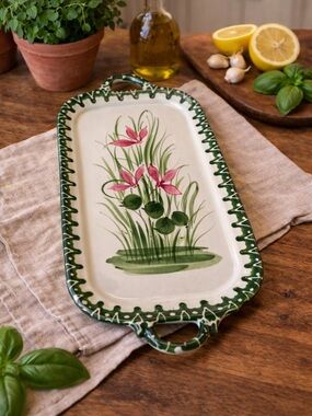 Italian Hand Painted Ceramic Tray Floral Green Border Serving Plate with handles